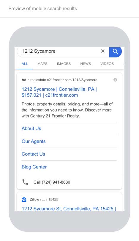 preview of mobile search results